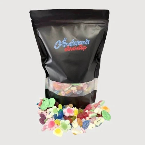 A premium, freshly packed black resealable custom pick and mix sweet pouch overflowing with retro jellies and chocolates.