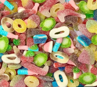 A colorful selection of custom candy inside personalised pick and mix bags from Anderson Sweets shop in Swindon.