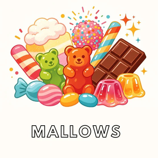 A vibrant assortment of fluffy marshmallows in various shapes, pastel colors, and sizes, neatly displayed as a new collection at Anderson's Sweet Shop.