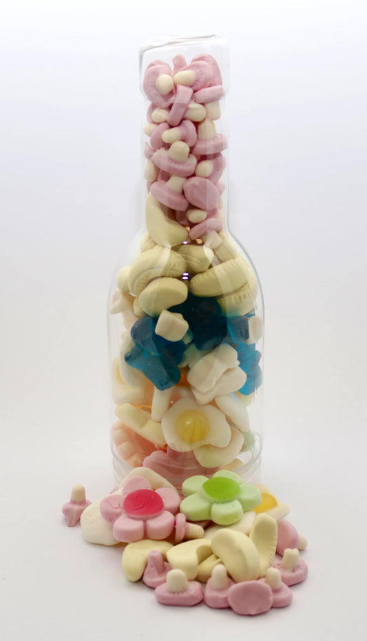 A vintage-style Personalised Sweet Bottle packed with retro candies and a custom gift label from Anderson's Sweet Shop.