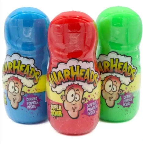 Three individual 40g bottles of Warheads Super Sour Thumb Dipper lollipops showing the blue raspberry, strawberry, and green apple flavor variants side-by-side.